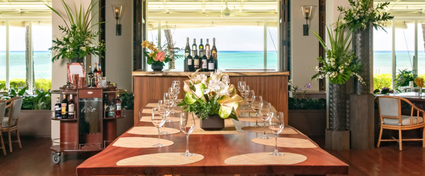 Communal table at Cattleya Wine Bar in Orchids restaurant