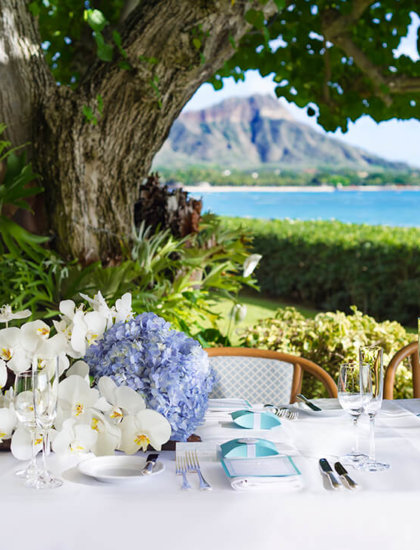 An intimate reception set on Kawehewehe Lawn