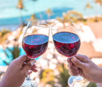 Balcony view holding glasses and toasting