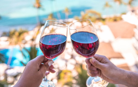 Balcony view holding glasses and toasting