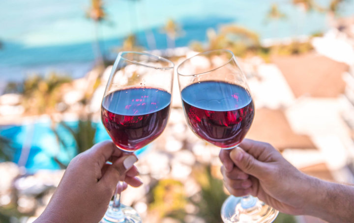 Balcony view holding glasses and toasting